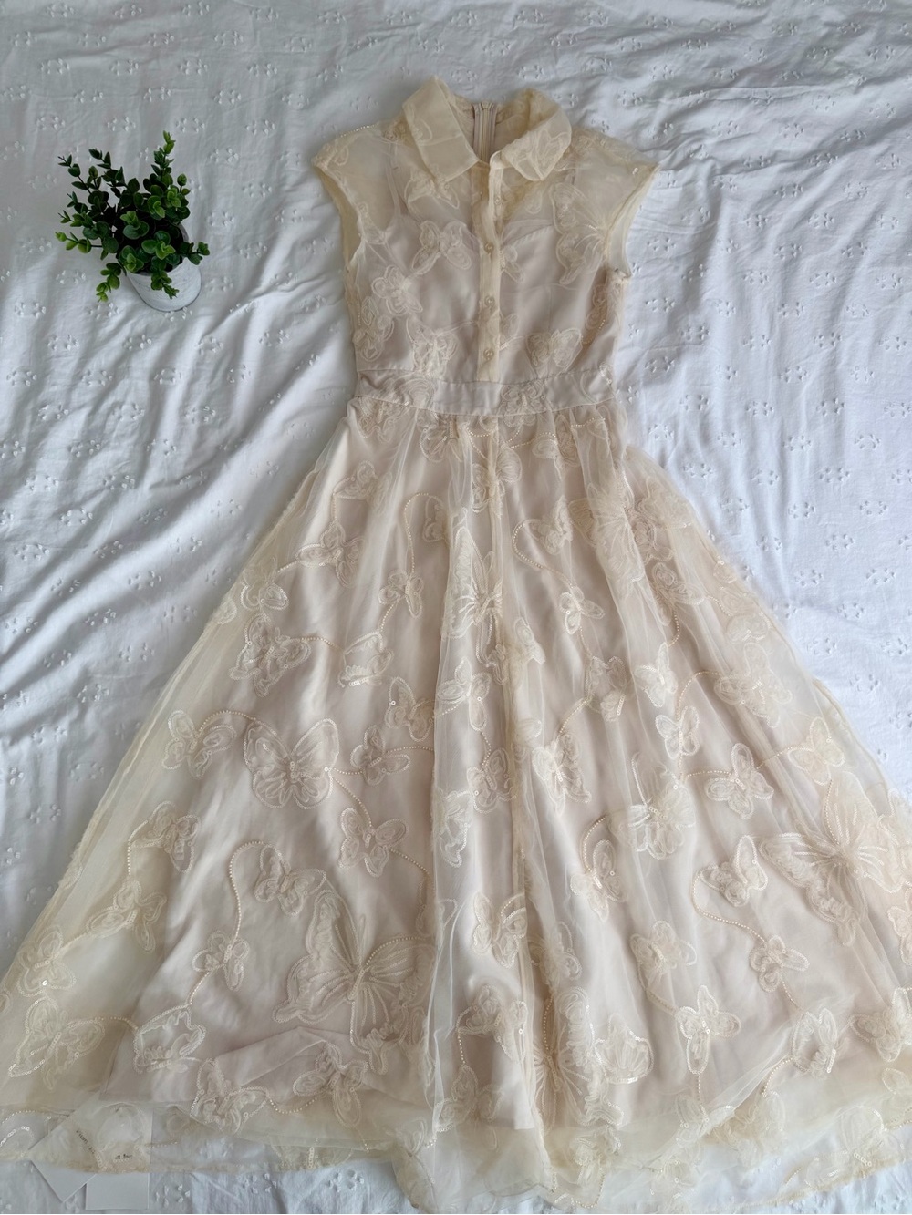 Elegant Butterfly Embroidered Tulle Dress in Soft Cream